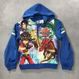 Vintage Bakugan Hoodie Jacket Boys 7 Blue Skate Surf AOP Y2K Anime Full Zip *